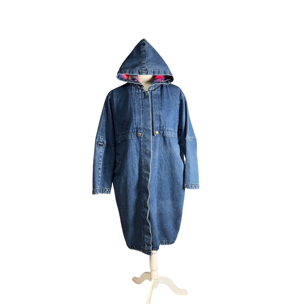 Vintage‎ 90s Denim Trench Jacket – Hooded Utility Coat